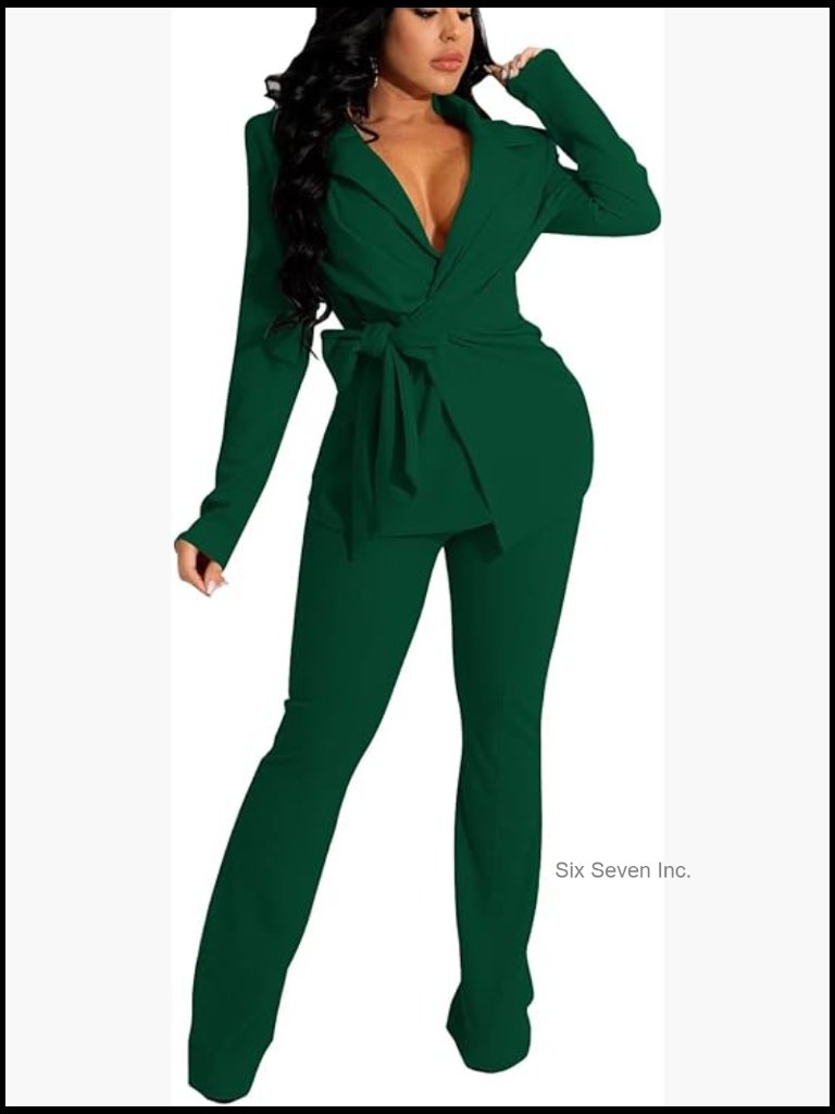 Business 2 Piece Pant Suit Blazer Set With Belt Dressy Elegant Professional